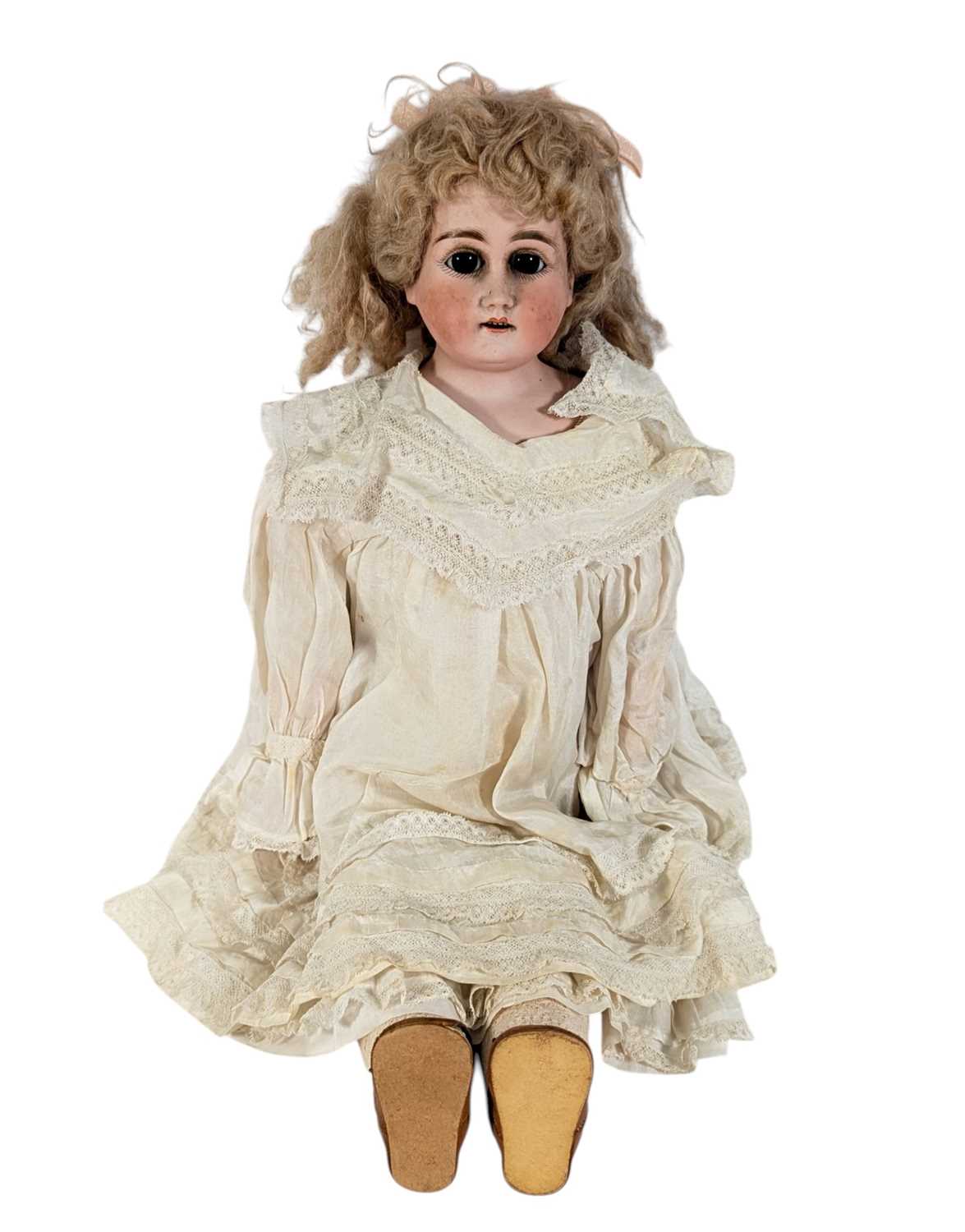 Lot 179 - DOLLS - AN ANTIQUE BISQUE HEADED DOLL WITH PULL STRING VOICE BOX