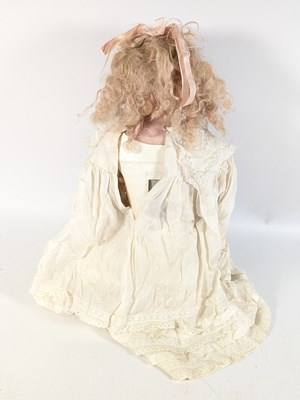 Lot 179 - DOLLS - AN ANTIQUE BISQUE HEADED DOLL WITH PULL STRING VOICE BOX