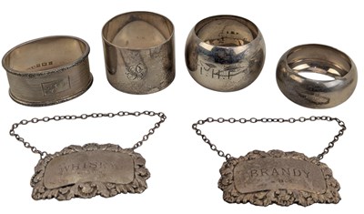 Lot 176 - COLLECTION 19TH/20TH HALLMARKED SILVER NAPKIN RINGS & DECANTER LABELS