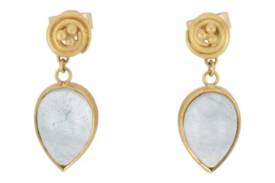 Lot 124 - LUCY MARTIN - 1HALMARKED 8CT GOLD AQUAMARINE PENDANT EARRINGS