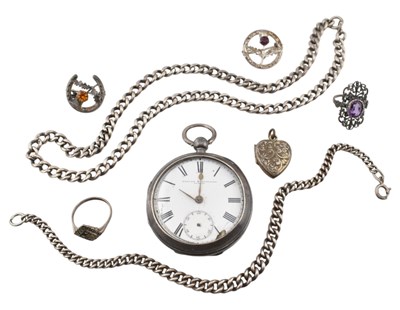 Lot 320 - AN IRISH SILVER POCKET WATCH & COLLECTION OF SILVER & JEWELLERY
