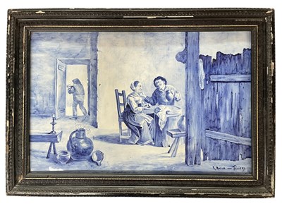 Lot 118 - AFTER DAVID TENIERS - 19TH CENTURY DUTCH DELFT BLUE AND WHITE TILE PAINTING