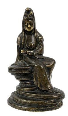 Lot 133 - 19TH CENTURY CHINESE BRONZE GUANYIN & WINGED PUTTI WITH LION FIGURE 清 观音铜坐像