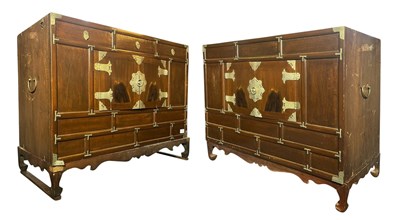 Lot 521 - KOREAN HARDWOOD AND METAL BOUND MARRIAGE CHEST ON CHEST
