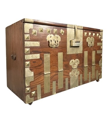 Lot 507 - KOREAN DO BANDAJI HARDWOOD & BRASS BOUND FALL FRONT CHEST