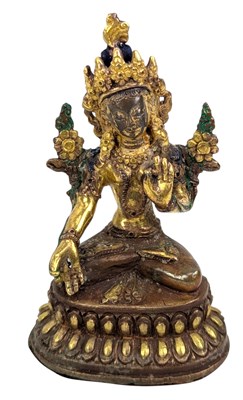 Lot 138 - SMALL BRONZE METAL FIGURE OF A SEATED WHITE TARA 铜描金度母坐像
