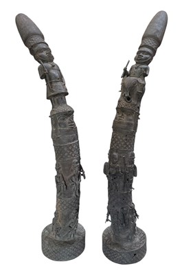 Lot 70 - LARGE PAIR OF AMUFI COMMUNITY, EDO STATE, NIGERIA ROYAL BRONZE TOTEM SCULPTURES
