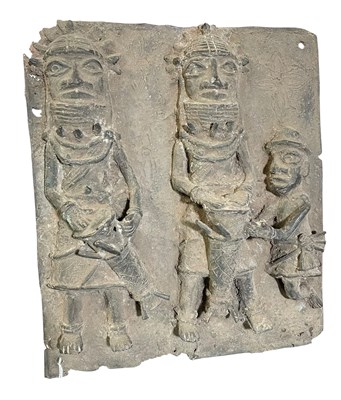 Lot 97 - BENIN PEOPLE, NIGERIA BRONZE PLAQUE WITH OBA'S SERVANTS/WARRIORS PLAYING DRUMS