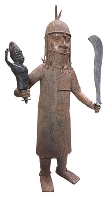 Lot 107 - LARGE FLOOR BENIN INSPIRED BRONZE STATUE OF A WARRIOR WITH MACHETE & DOLL