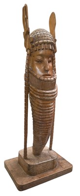 Lot 109 - VERONICA OTIGBO-EKPEI (NIGERIAN, B. 1966) - CARVED IROKO WOOD OBA'S HEAD SCULPTURE