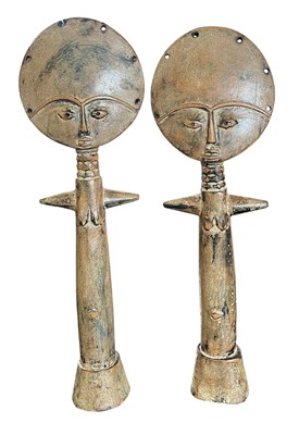 Lot 104 - TWO GHANA AKAN PEOPLE CARVED WOOD AKUA'BA FERTILITY DOLLS