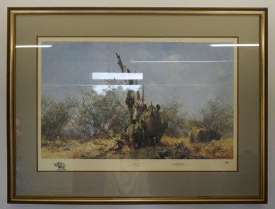 Lot 286 - FORMER BRISTOL ZOO GARDENS - DAVID SHEPHERD (1931-2017) - RHINO BEWARE - SIGNED PRINT
