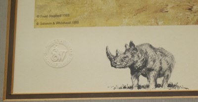 Lot 286 - FORMER BRISTOL ZOO GARDENS - DAVID SHEPHERD (1931-2017) - RHINO BEWARE - SIGNED PRINT