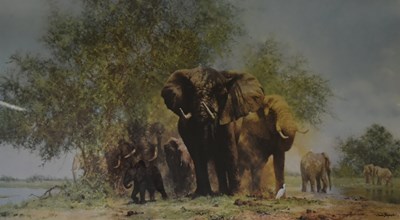 Lot 288 - FORMER BRISTOL ZOO GARDENS - DAVID SHEPHERD (1931-2017) - ELEPHANTS & EGRETS - SIGNED PRINT
