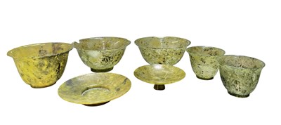 Lot 69 - SIX CHINESE 20TH CENTURY MOSS JADE BOWLS 玉茶具一组