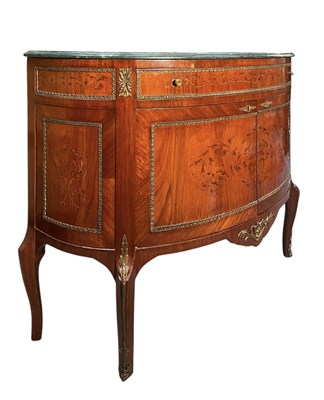 Lot 499 - FRENCH LOUIS XVI STYLE WALNUT & GREEN MARBLE ORMOLU DEMILUNE COMMODE
