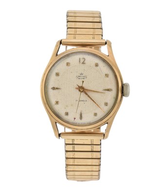 Lot 357 - HALLMARKED 9CT GOLD SMITHS DELUXE 17 JEWEL WRISTWATCH ON FLEXI METAL STRAP.