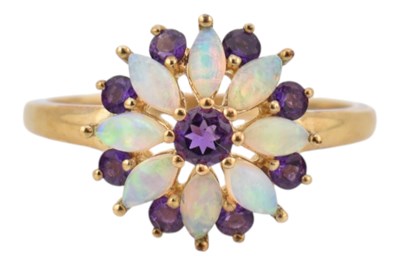 Lot 51 - HALLMARKED 9CT GOLD OPAL & AMETHYST FLOWER CLUSTER RING