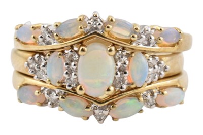 Lot 191 - HALLMARKED 9CT GOLD OPAL & DIAMOND STACKING RING