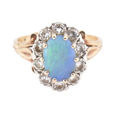 Lot 380 - HALLMARKED 9CT GOLD OPAL & DIAMOND CLUSTER RING