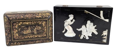 Lot 203 - TWO CHINESE LACQUERED BOXES INCLUDING A MOTHER OF PEARL INLAID JEWELLERY BOX