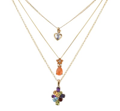 Lot 383 - THREE HALLMARKED 9CT GOLD GEM SET PENDANT NECKLACES