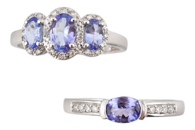 Lot 484 - TWO HALLMARKED 9CT WHITE GOLD TANZANITE & DIAMOND RINGS