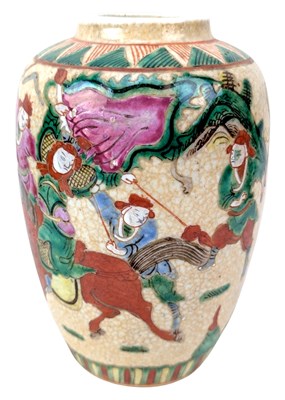 Lot 197 - 19TH CENTURY CHINESE CRACKLE GLAZED 'WARRIOR' GINGER JAR 19世纪哥釉粉彩人物罐