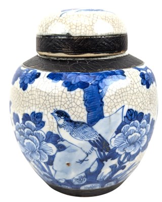Lot 164 - 19TH CENTURY CHINESE CRACKLE GLAZED BLUE & WHITE LIDDED GINGER JAR 清 哥釉青花罐
