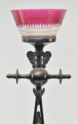 Lot 32 - ART NOUVEAU SILVER PLATE & CRANBERRY GLASS CENTREPIECE EPERGNE