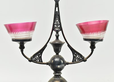 Lot 32 - ART NOUVEAU SILVER PLATE & CRANBERRY GLASS CENTREPIECE EPERGNE