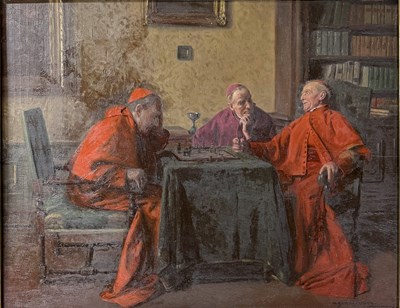 Lot 425 - MAX BARASCUDTS (1869-1927) - CARDINALS PLAYING CHESS - OIL ON BOARD PAINTING