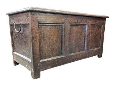 Lot 807 - 18TH CENTURY OAK THREE PANELLED COFFER