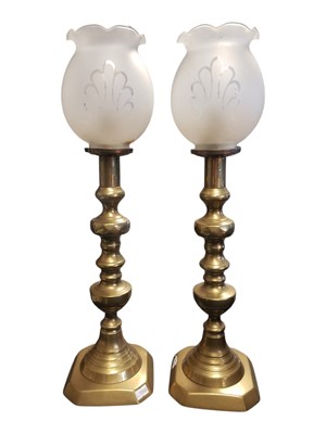 Lot 326 - PAIR OF 19TH CENTURY BRASS CONVERTING CANDLESTICK LAMPS W/ GLASS SHADES