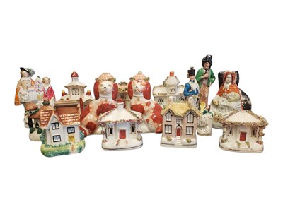 Lot 106 - COLLECTION OF 19TH CENTURY STAFFORDSHIRE CERAMIC FLATBACK FIGURES, PASTILLE BURNERS, ETC