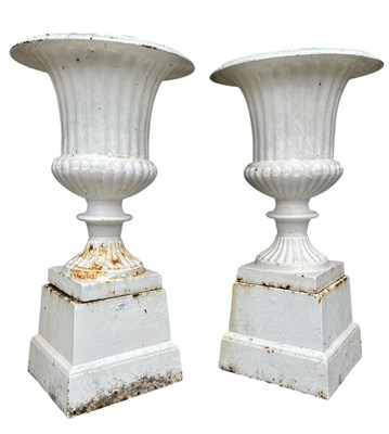 Lot 425 - PAIR LATE 19TH CENTURY GARDEN CAST IRON CAMPANA URN PLANTERS