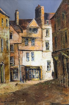 Lot 362 - KENNETH WEBB (B. 1927) - OLD HOUSES NEAR SULLY LUNN, BATH - OIL ON CANVAS
