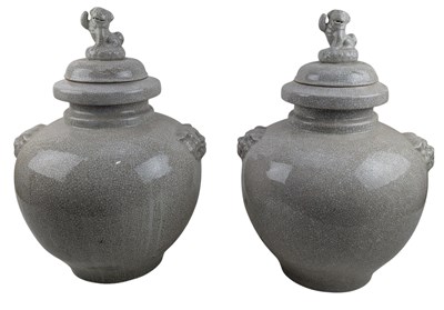 Lot 210 - LARGE PAIR OF CHINESE LIDDED CRACKLED GLAZED PORCELAIN URNS 仿哥窑双耳盖罐一对