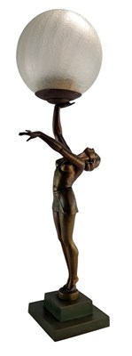 Lot 9 - MANNER OF JOSEF LORENZL - ART DECO PATINATED METAL & TEXTURED GLASS FIGURAL LAMP