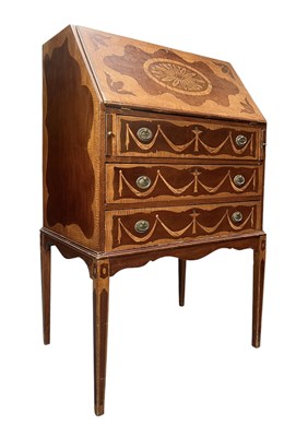 Lot 589 - 19TH CENTURY SHERATON WALNUT MARQUETRY INLAID WRITING BUREAU DESK