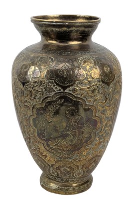 Lot 142 - PERSIAN BRASS VASE WITH CHASED FLORAL MOTIFS