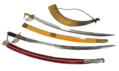 Lot 323 - TWO VINTAGE INDIAN CAVALRY SWORDS TOGETHER WITH HORN BUGLE