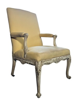 Lot 326 - 19TH CENTURY FRENCH PAINTED LOUIS XV FAUTEUIL ARMCHAIR