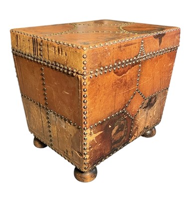 Lot 178 - EDWARDIAN LEATHER MOUNTED BRASS STUDDED COAL BOX