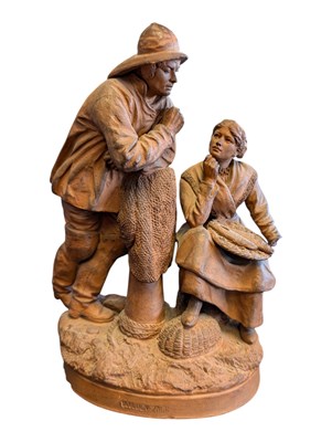 Lot 243 - A HANNE (1858-1908) FRENCH TERRACOTTA FIGURINE OF A FISHERMAN