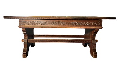 Lot 313 - RENAISSANCE INSPIRED 19TH CENTURY CARVED WALNUT & ELM REFECTORY TABLE