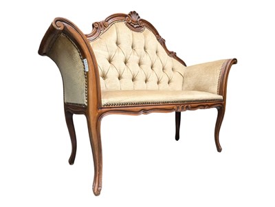Lot 924 - VICTORIAN INSPIRED WALNUT FRAMED & BUTTON BACK SOFA OF SMALL PROPORTIONS