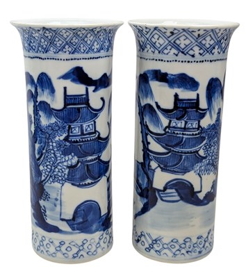 Lot 7 - PAIR OF 19TH CHINESE BLUE & WHITE HAND 'LANDSCAPE' PORCELAIN VASES 清 康熙款 青花山水筒瓶一对