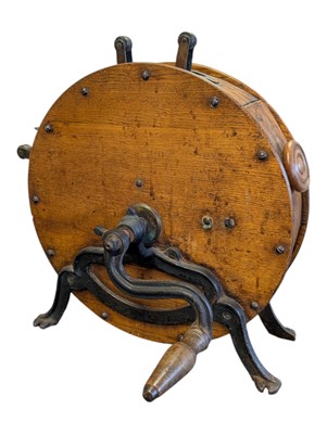 Lot 389 - LATE 19TH CENTURY VICTORIAN OAK VELOCITY BARREL KNIFE CLEANER/SHARPENER