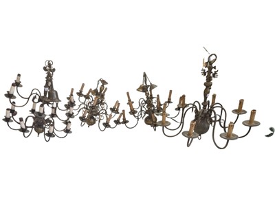 Lot 985 - FOUR MID CENTURY BRASS CEILING CHANDELIERS / ELECTROLIERES